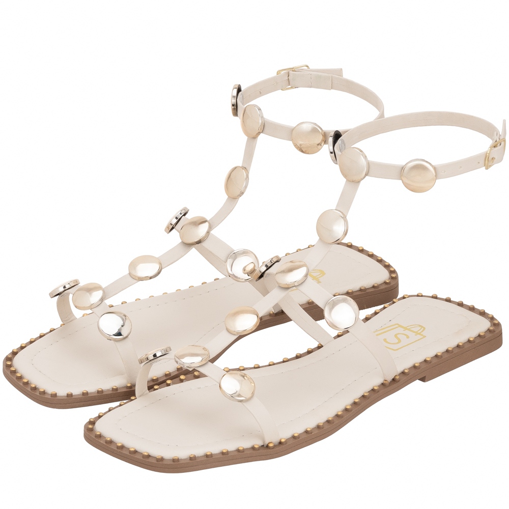 Sandália Rasteira Feminina com Detalhe em Moedas de Metal