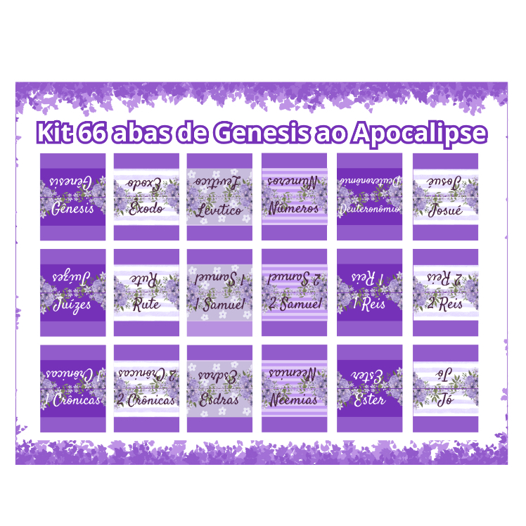 Kit COM 66 ABAS INDICE DA BIBLIA DE GENESIS AO APOCALIPSE  TONS ROXO E LILAS