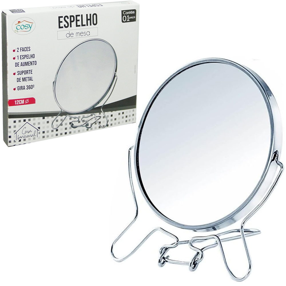 ESPELHO DE MESA REDONDO DUPLA FACE 4,5'' 12CM DE Ø COM PEDESTAL ARAMADO COMPOSIÇÃO: vidro, plastico e metal COR: prata
