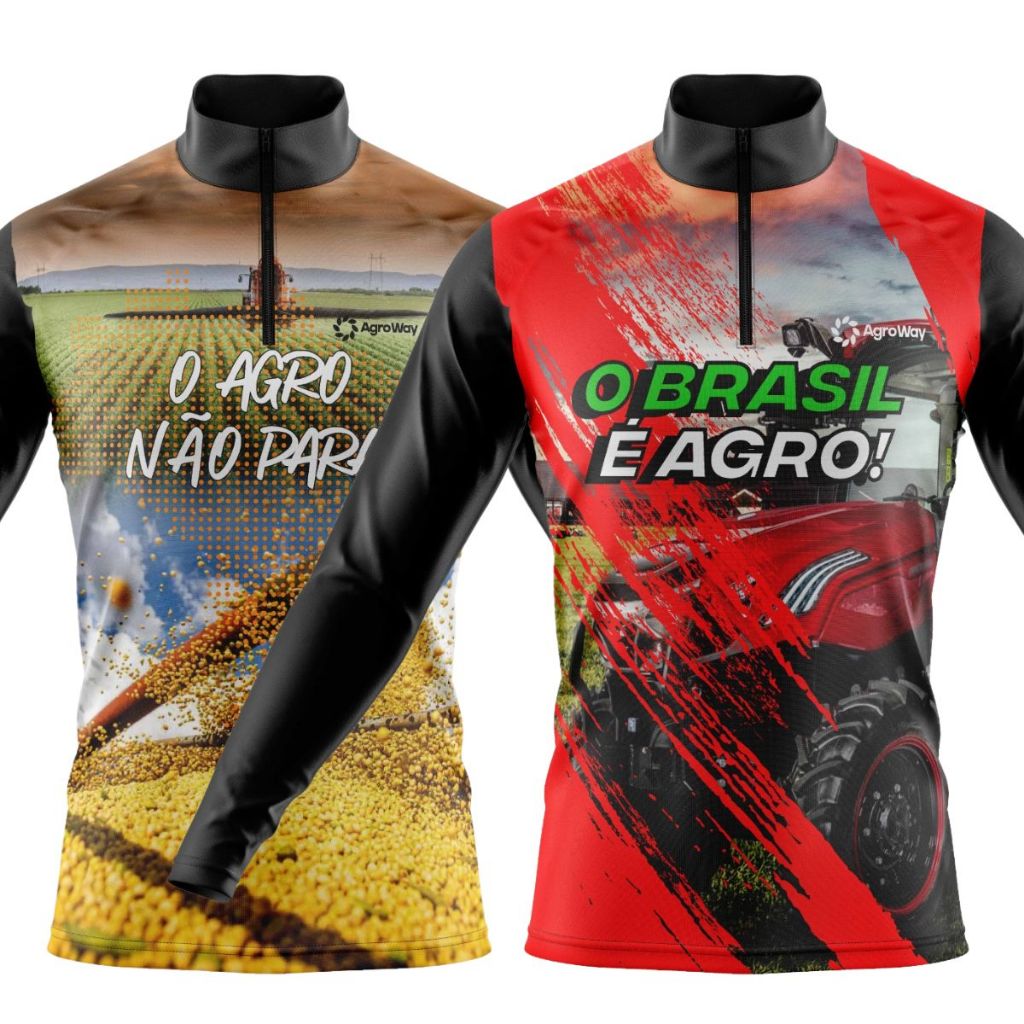 Kit 2 Camisa Camiseta Agro Proteção Uv Solar Manga Longa Zíper Plantação Soja Colheita Trabalho Campo Roça Rural Brasil