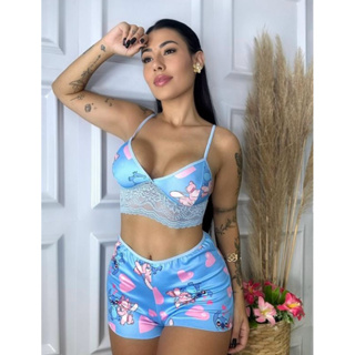 Baby Doll Stitch Estampado Top Doll Suede Cropped com Renda em Oferta na Shopee