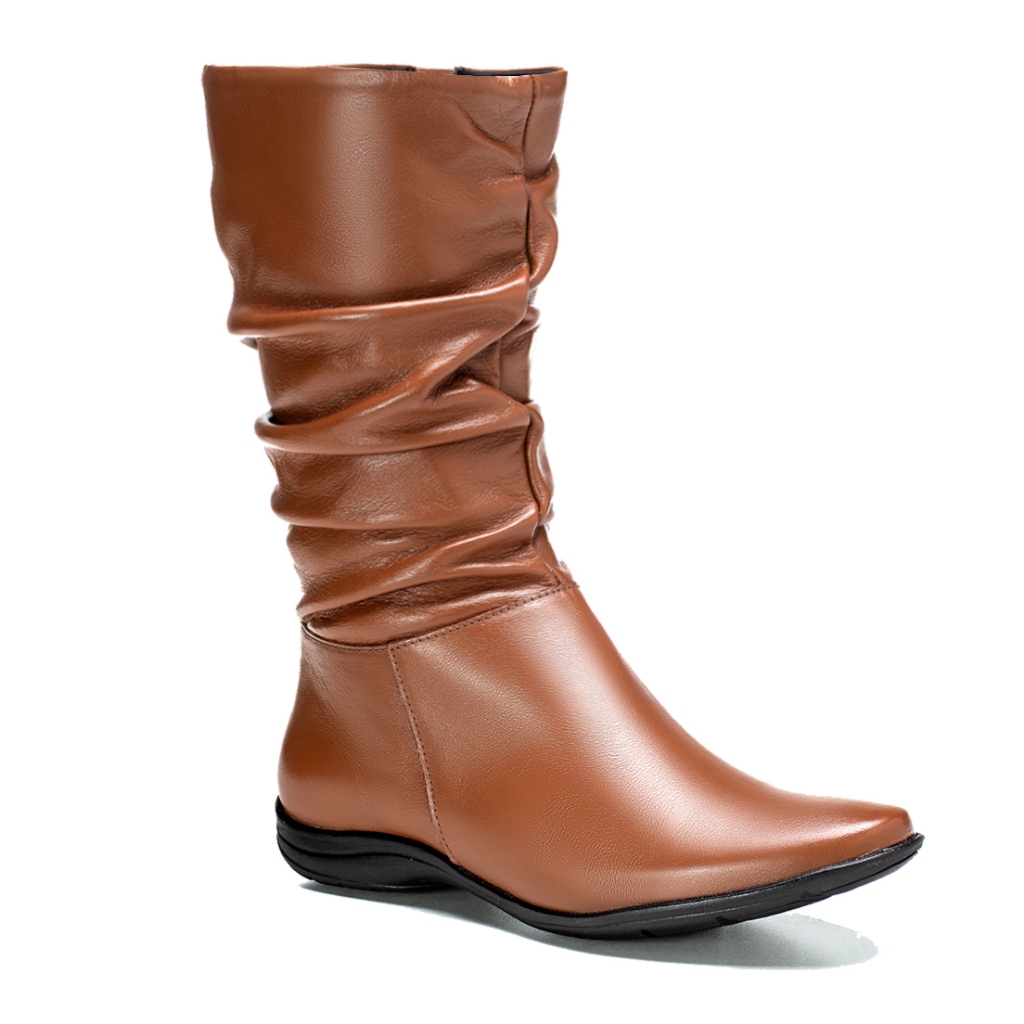 Bota Feminina Couro Legitimo SB Shoes Cano Médio Solado Flat Confortável Marrom Preto