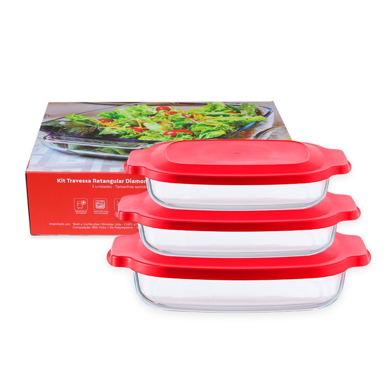 Kit 3 Travessas de Vidro Retangular  2000/2700/3800ml Assadeira Forno C/ Tampa Diamond