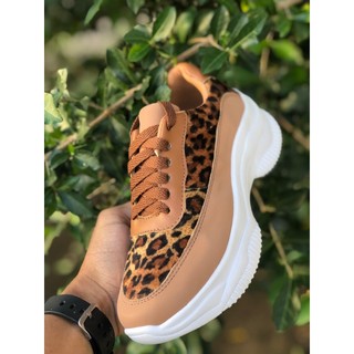 Tênis Feminino Adulto Plataforma Chunky Caramelo Animal Print Casual Sneaker Fashion Confortável