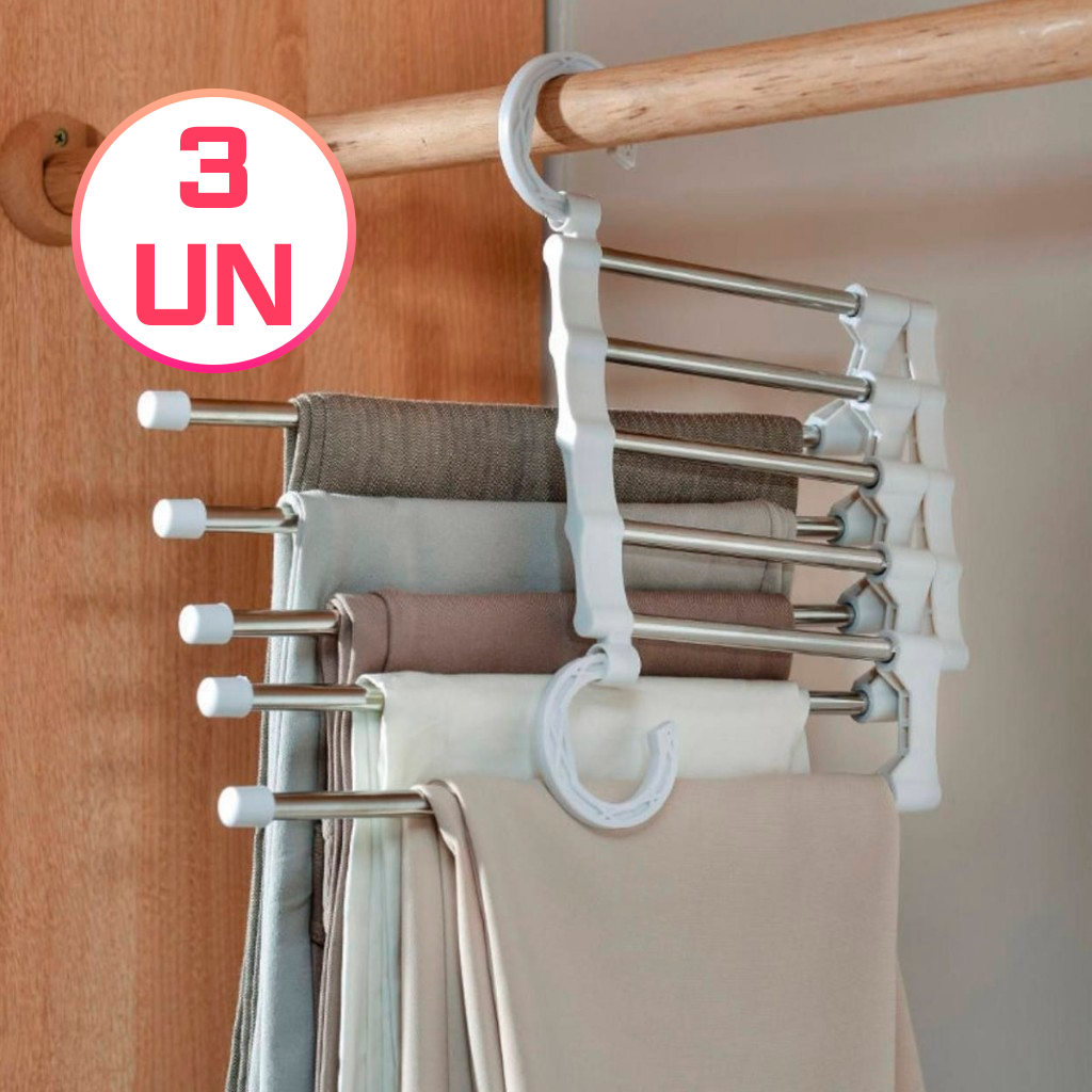 Kit 3 Cabide Multifuncional para Calças de Inox com 5 Divisórias Branco/Preto em Oferta na Shopee