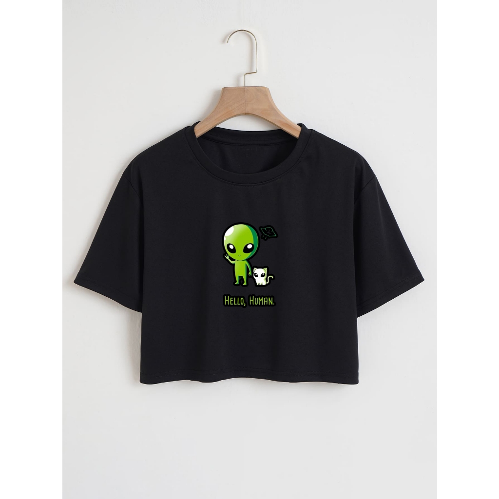 Blusinha Cropped Algodão T-shirt Feminina Alien Gatinho/hello human.