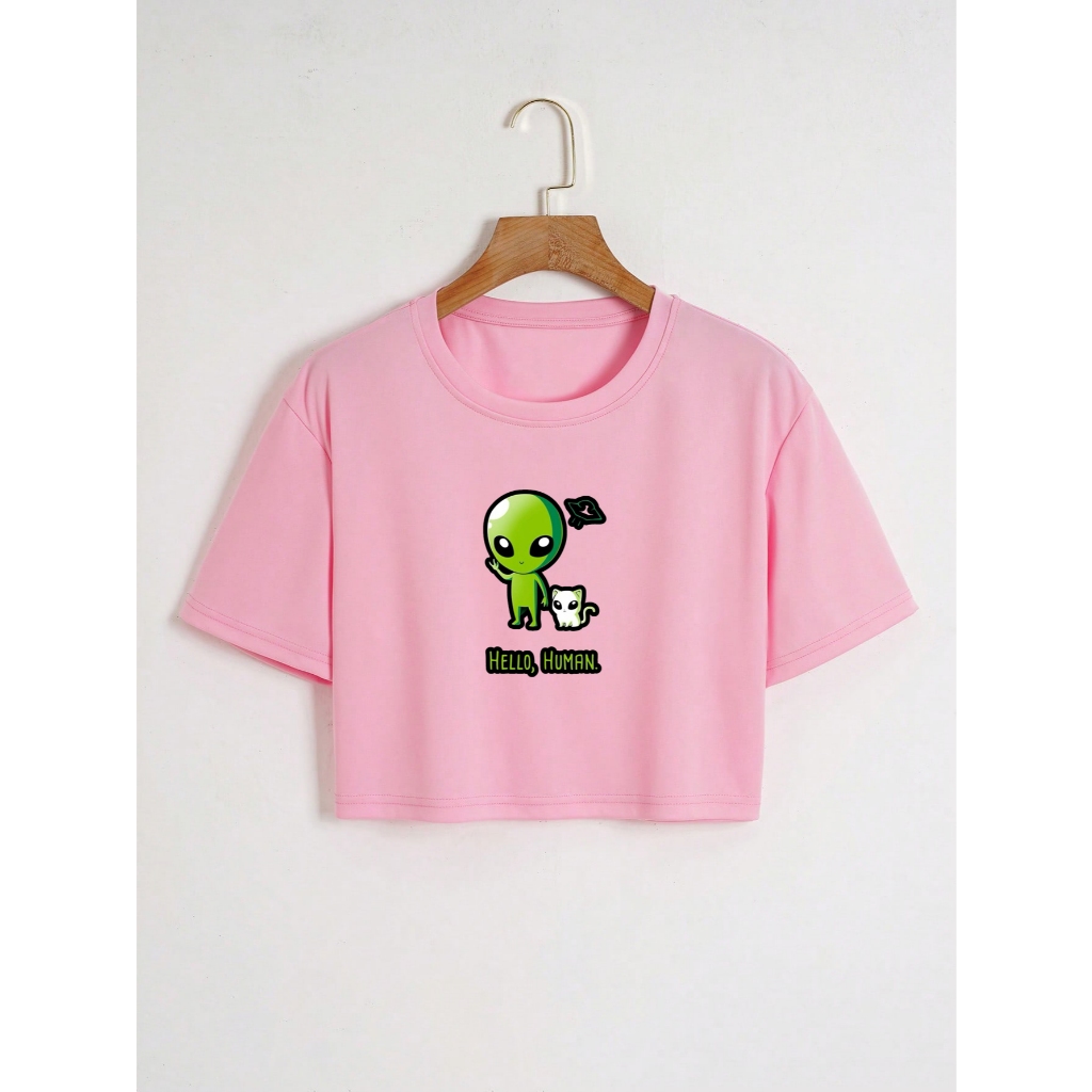 Blusinha Cropped Feminino Confortavel Algodão Alien e Gato /Hello,Human.
