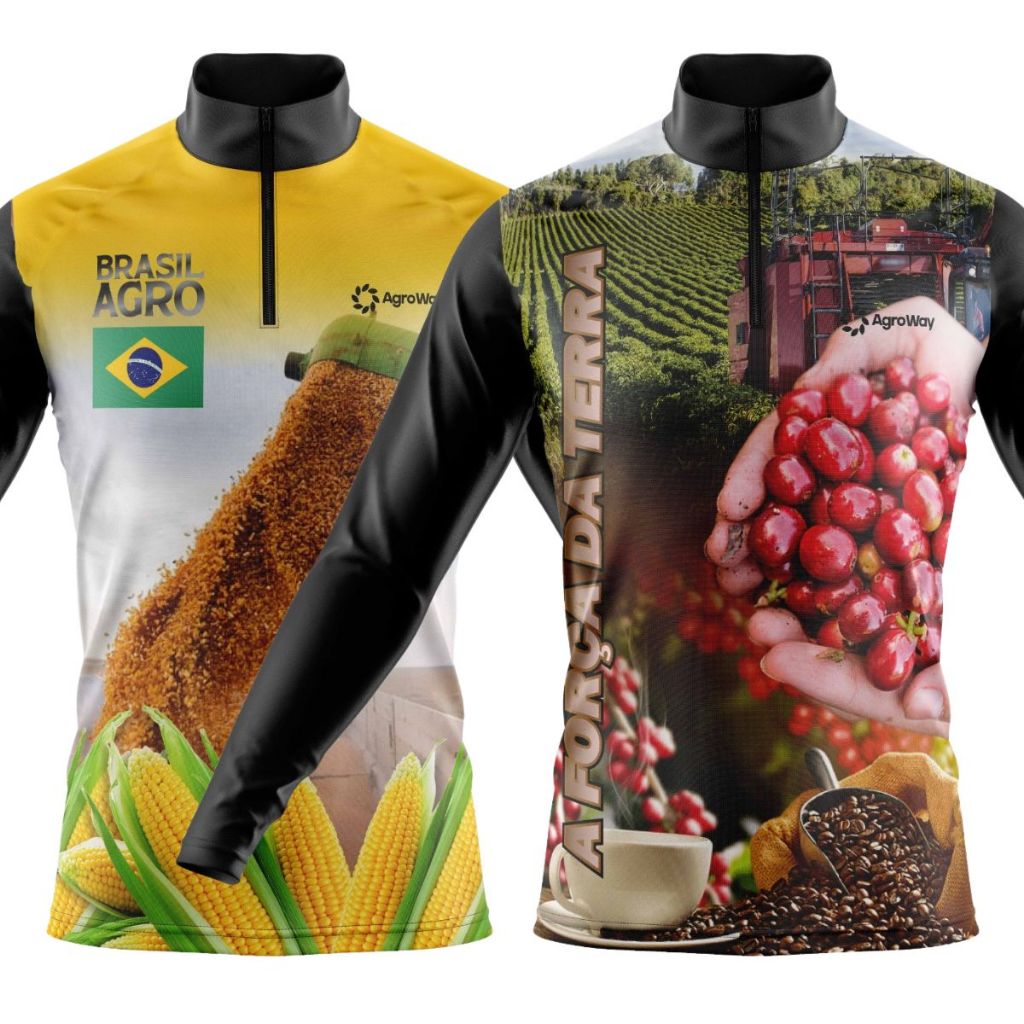 Kit 2 Camisa Camiseta Agro Manga Longa Zíper Proteção Solar Uv Rural Trator Boi Brasil Café Plantação Milho Milharal