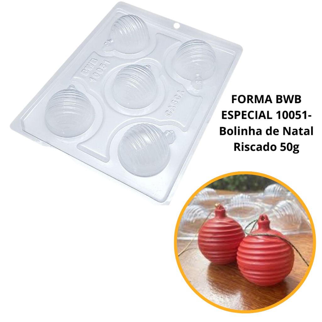 1~4 Forma BWB Com Silicone (3 partes) Para Chocolate Cód. 10051 - Bolinha de Natal Riscado 50g. - Home & Living
