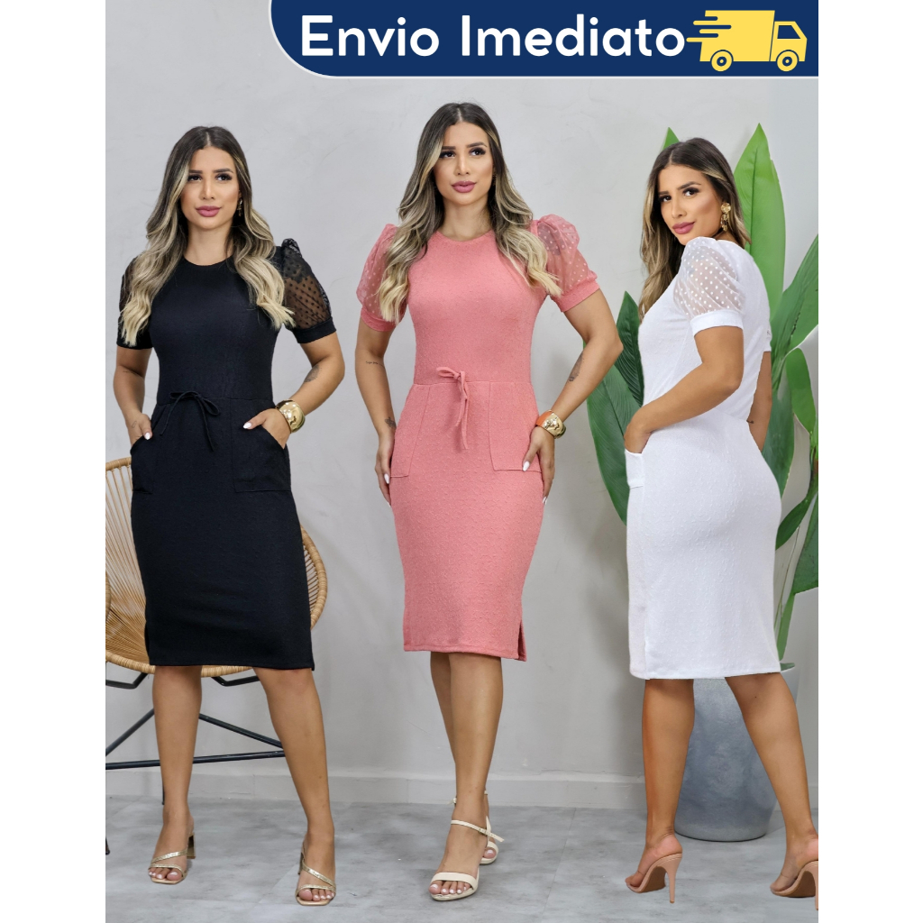 Vestido Midi Manga Princesa e Bolso Funcional Laço e Fenda pequeno na lateral da saia em Oferta na Shopee