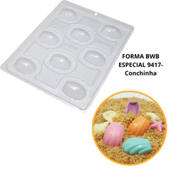 1~4 forma para chocolate bwb com silicone (3 partes) 9417 - Conchinha 20g festa fundo do mar (CHOCO)