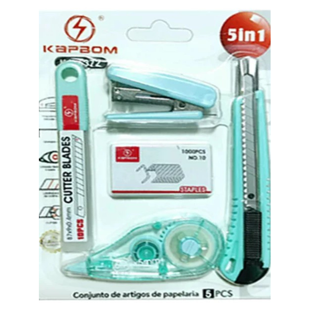 O kit de papelaria inclui cortador, grampeador e fita corretiva para escritórios escolares