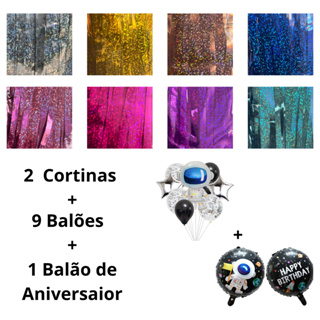 2 Cortinas Metalizadas Holográficas + 10 balões de Astronauta Festa Aniversario em Oferta na Shopee