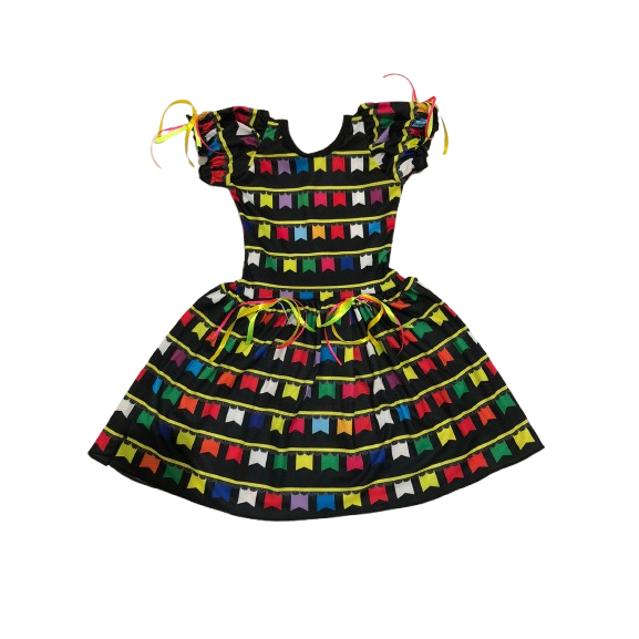 Vestido Junino Bandeirinha Infantil Temático Com Fitas Rápido Envio