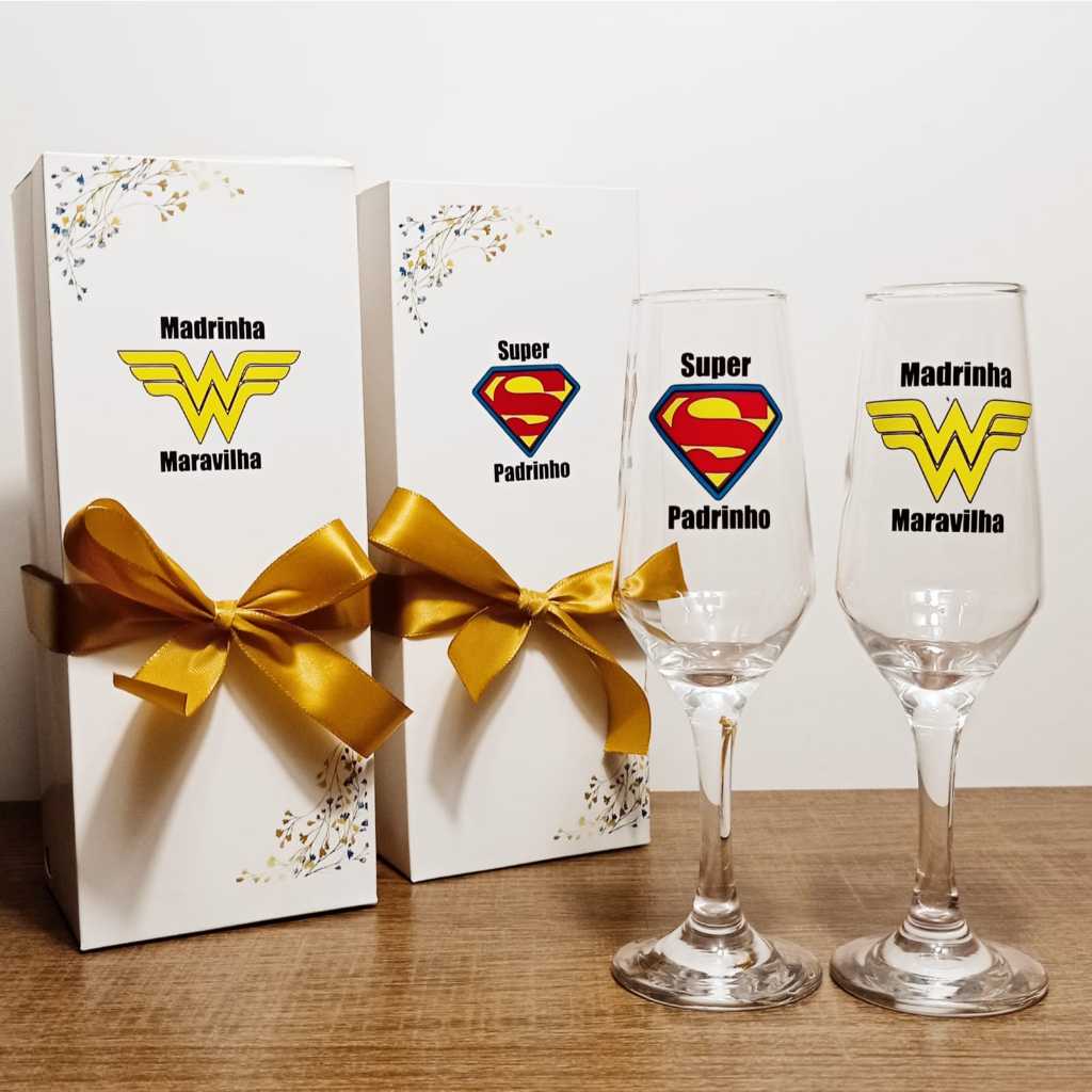 Par De Taças champanhe Individual + Caixa Presente individual - Super padrinho e madrinha Maravilha em Oferta na Shopee