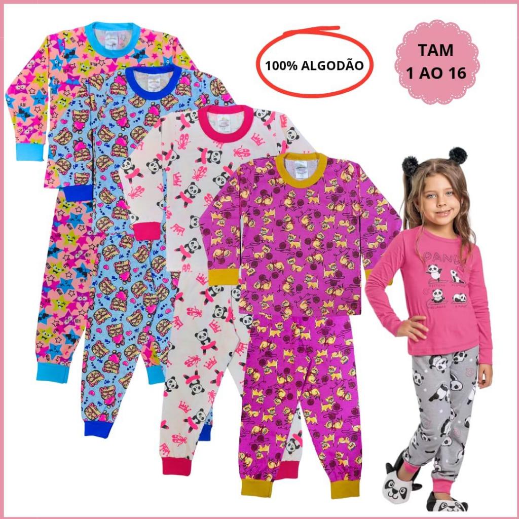 Kit 4 Peças Pijama Infantil Menina Algodão Inverno 2 Camiseta Manga e 2 Calça Punho Juveni...