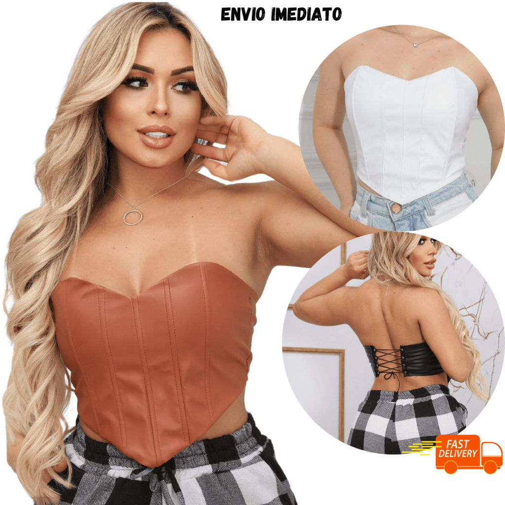 CROPPED CORSELLET CORAÇÃO EM COURO FAKE Blusa Feminina Moda Blogueirinha Envio Rapido