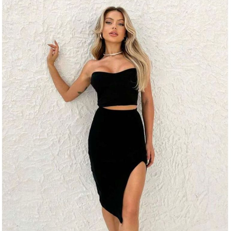 Conjunto Feminino Cropped Tomara Que Caia E Saia Midi Fenda Frontal Tendencia Carnaval