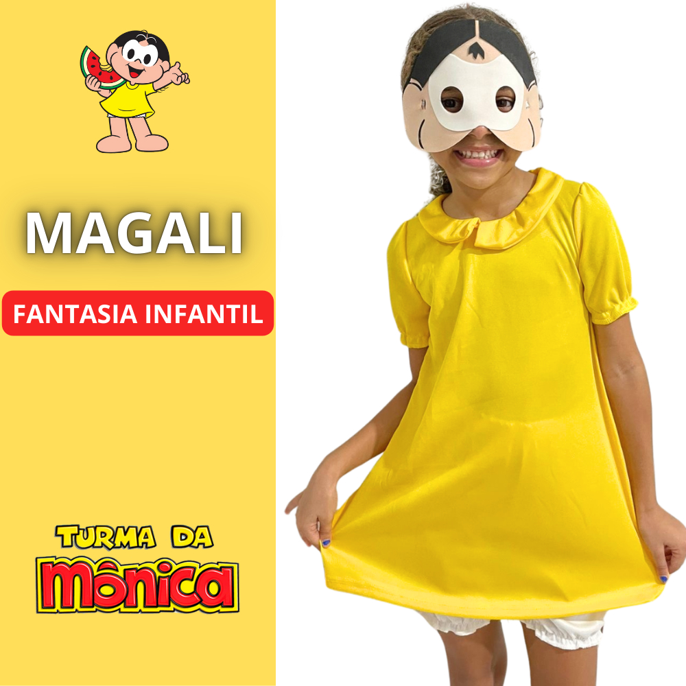 Roupa Da Magali Menina Turma Da Mônica Infantil Com Mascara De E.V.A