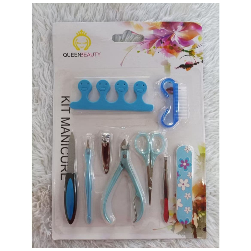 Kit Manicure Rosa  / Azul Com 9 Peças