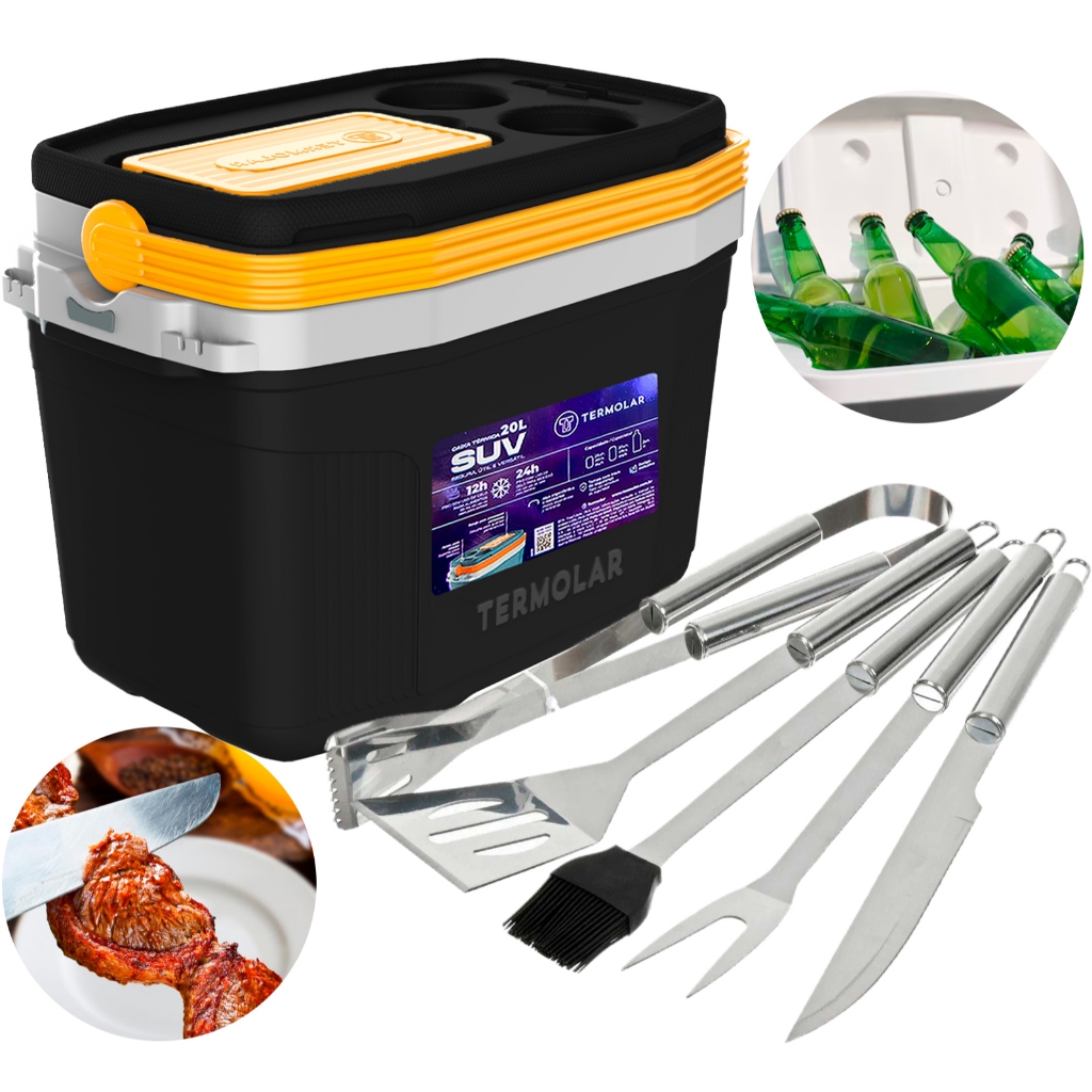 Kit Churrasco 5 Peças Aço Inox Com Caixa Termica Cooler 20l em Oferta na Shopee