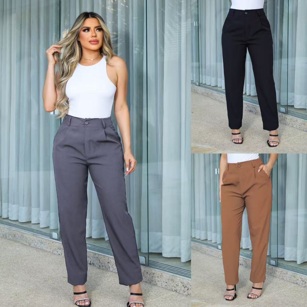 ZAVA Calça Alfaiataria Reta com Prega Textura Bolsos Laterais em Oferta na Shopee