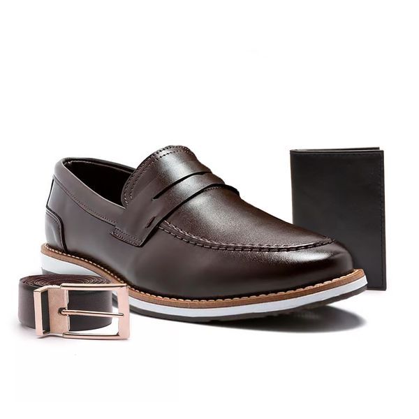 Kit Sapato Mocassim Social Casual Masculino Laboshoes Calce Fácil Preto Marrom + Cinto + Carteira em Oferta na Shopee