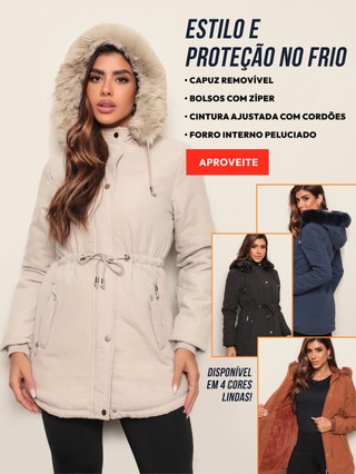 Casaco Parka Jaqueta Sobretudo Feminino Forro Pelinhos Capuz Inverno