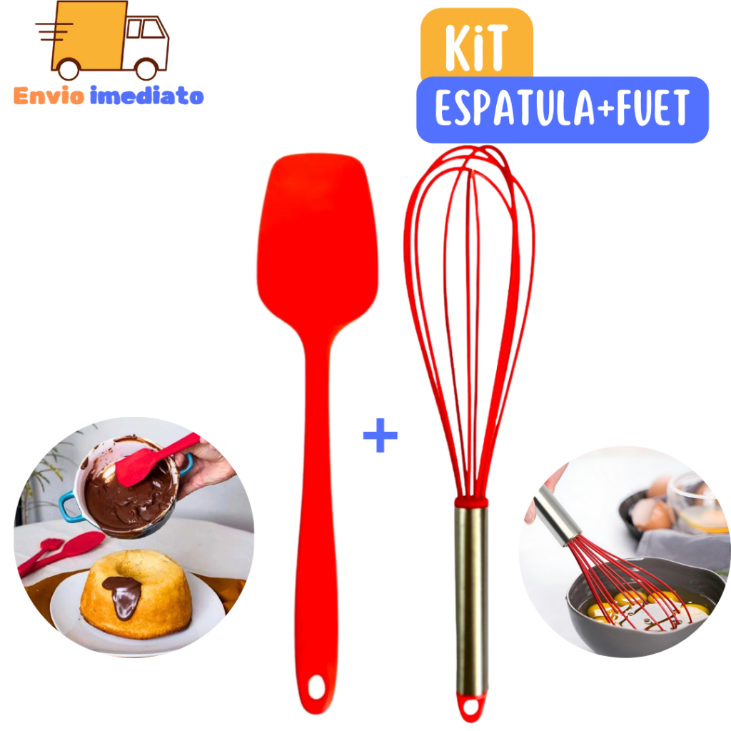Kit Bolo Espatula + Fouet Silicone Resistente para Cozinha Restaurante Padaria Doceria Casa