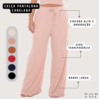 Calça Pantalona Feminina Canelada Com Bolso e Elástico e Cordão Cintura Alta em Oferta na Shopee