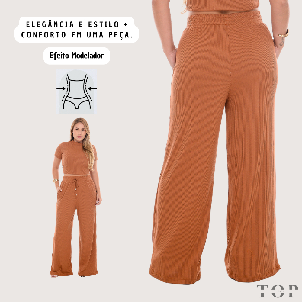 Calça Pantalona Feminina Canelada Com Bolso e Elástico e Cordão Cintura Alta