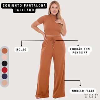 Conjunto Pantalona Feminina Canelada Com Bolso e Elástico na Cintura Blusa Gola Alta