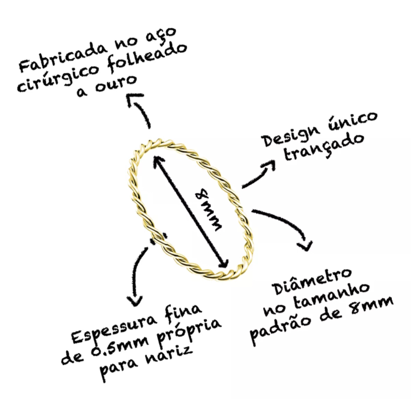 Piercing Argola Nariz em Aço Cirúrgico Folheado Torcido