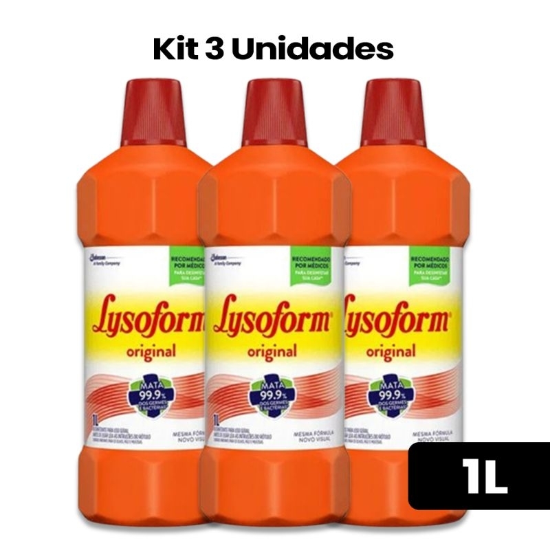 Desinfetante Lysoform 1Lt Germicida, Bactericida e Fungicida Kit com 3 Unidades 1 Litro