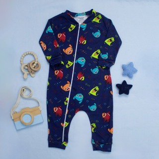 Macacão Bebê Menino Marinho Estampa Monstrinhos em Malha Canelada 100% Algodão com Zíper Veste Fácil em Oferta na Shopee