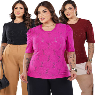 Blusa Manga Curta Feminina Casual Plus Size Malha Lese Leve Estilosa Detalhe de Metal na Gola em Oferta na Shopee