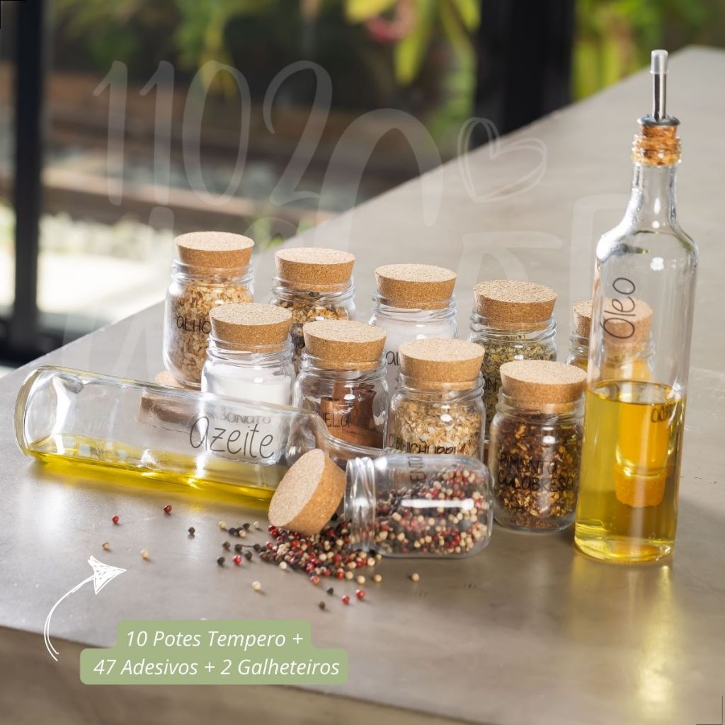 2 Galheteiros + 10 Potes para Tempero + 47 Adesivos | Kit Cozinha Completa | Armazenamento de Alimento