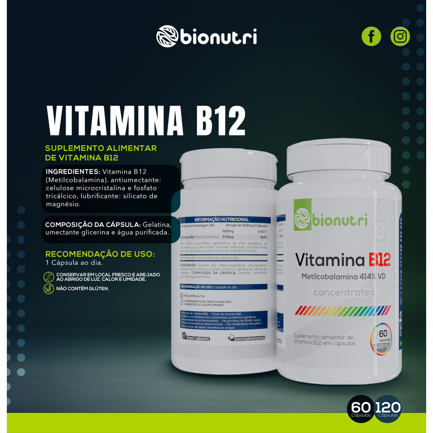 Suplemento Alimentar em cápsulas Vitamina B12 metilcobalamina 414%VD 500mg (60 cápsulas) - Bionutri