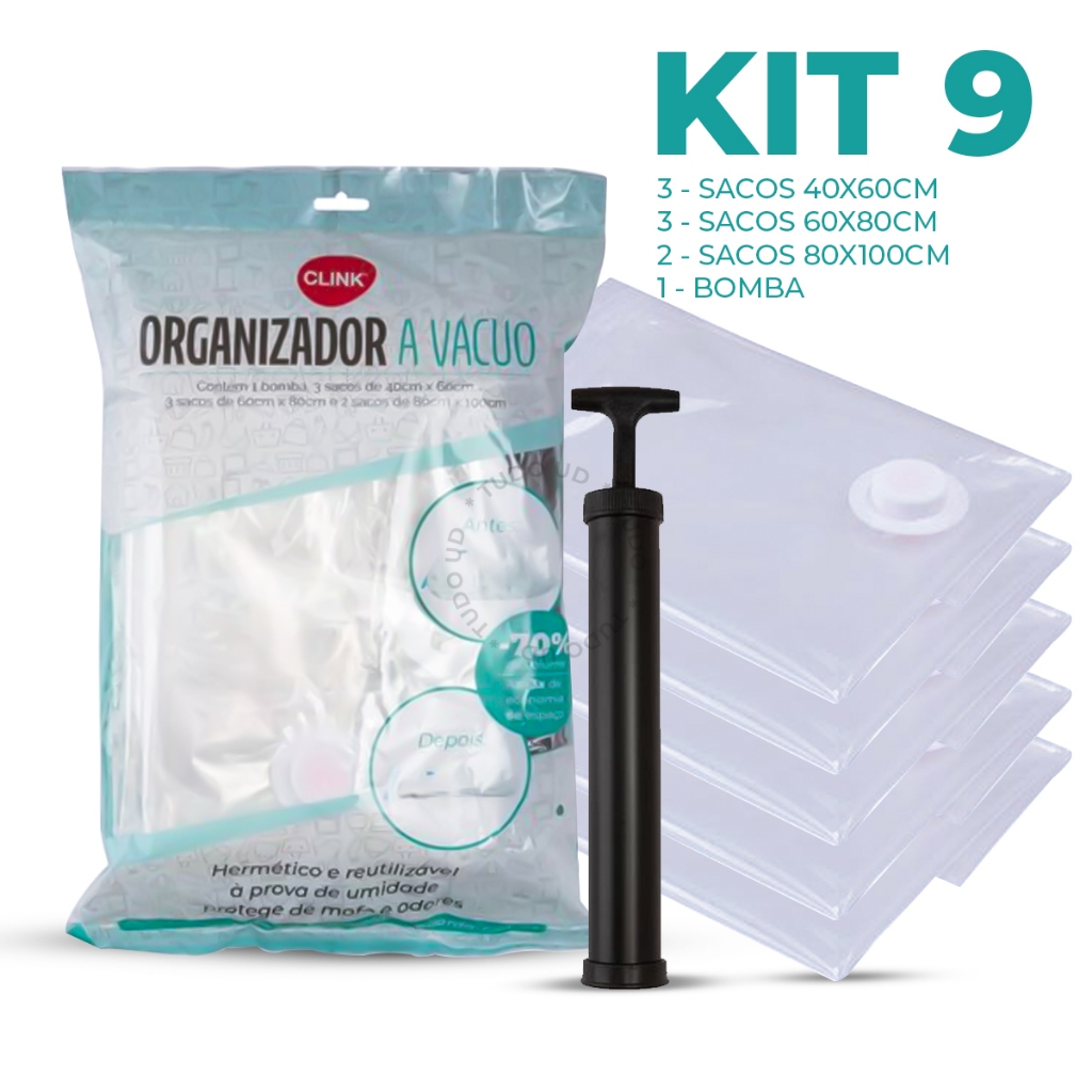 Kit 9 Sacos A Vácuo Vários Tamanhos Com Bomba Guarda Roupa Para Viagem Organização Mala