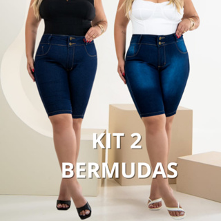 Short Jeans Bermuda Ciclista Feminino Plus Size Bermuda Meia Coxa Jeans Cintura Alta Com Lycra ate o joelho em Oferta na Shopee