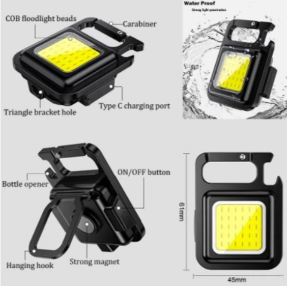 Mini lanterna LED portátil/USB recarregável iluminação ajustável 3 modos de luz chaveiro lanterna e abridor de garrafas