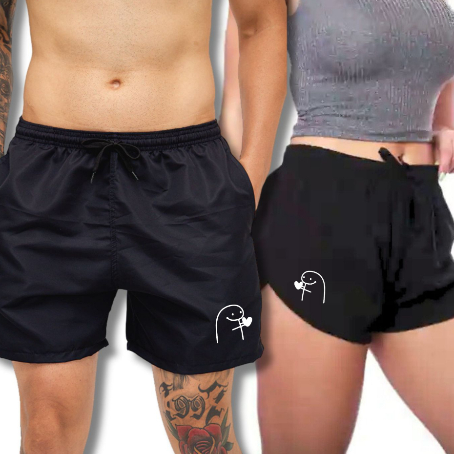 Kit 2 Shorts Casal Meme Coração Conjunto Tactel Moda Praia