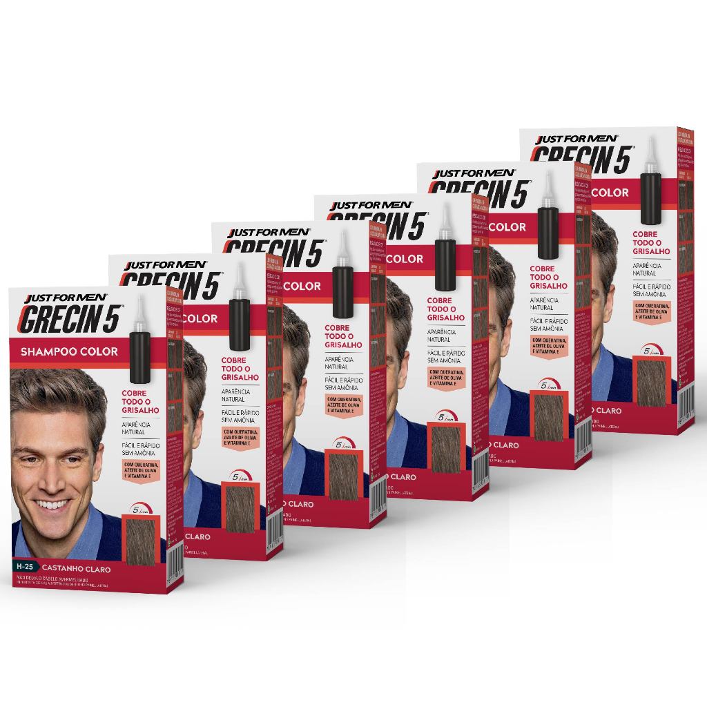 Kit 6x unidades  Grecin 5 Shampoo Tintura Tonalizante Castanho Claro H-25 60ml - Cobre os cabelos grisalhos em 5 minutos
