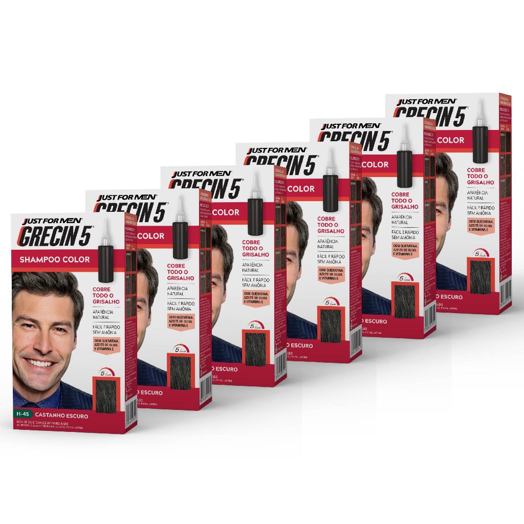 Kit 6x unidades Grecin 5 Shampoo Tintura Tonalizante Castanho Escuro H-45 60ml - Cobre os cabelos grisalhos em 5 minutos em Oferta na Shopee