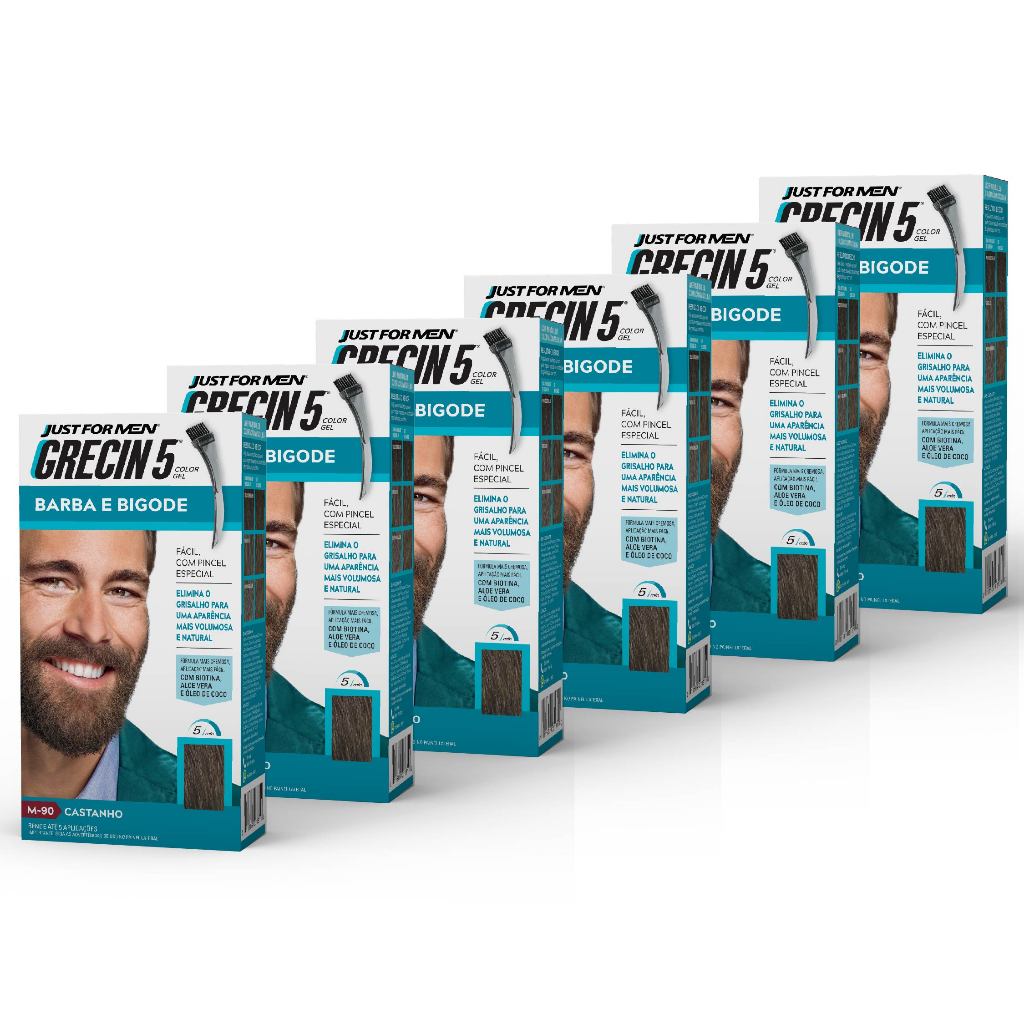 Kit 6x unidades Grecin 5 Color Gel Barba e Bigode Castanho M-90 - Cobre os fios grisalhos 5 minutos. Aparência natural. em Oferta na Shopee