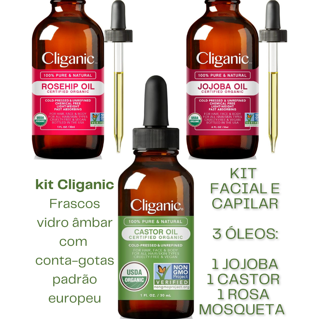 3 ÓLEOS REJUVENESCIMENTO FACIAL JOJOBA + CASTOR + ROSA MOSQUETA COM CONTA-COTAS 30ML FACIAL E CAPILAR