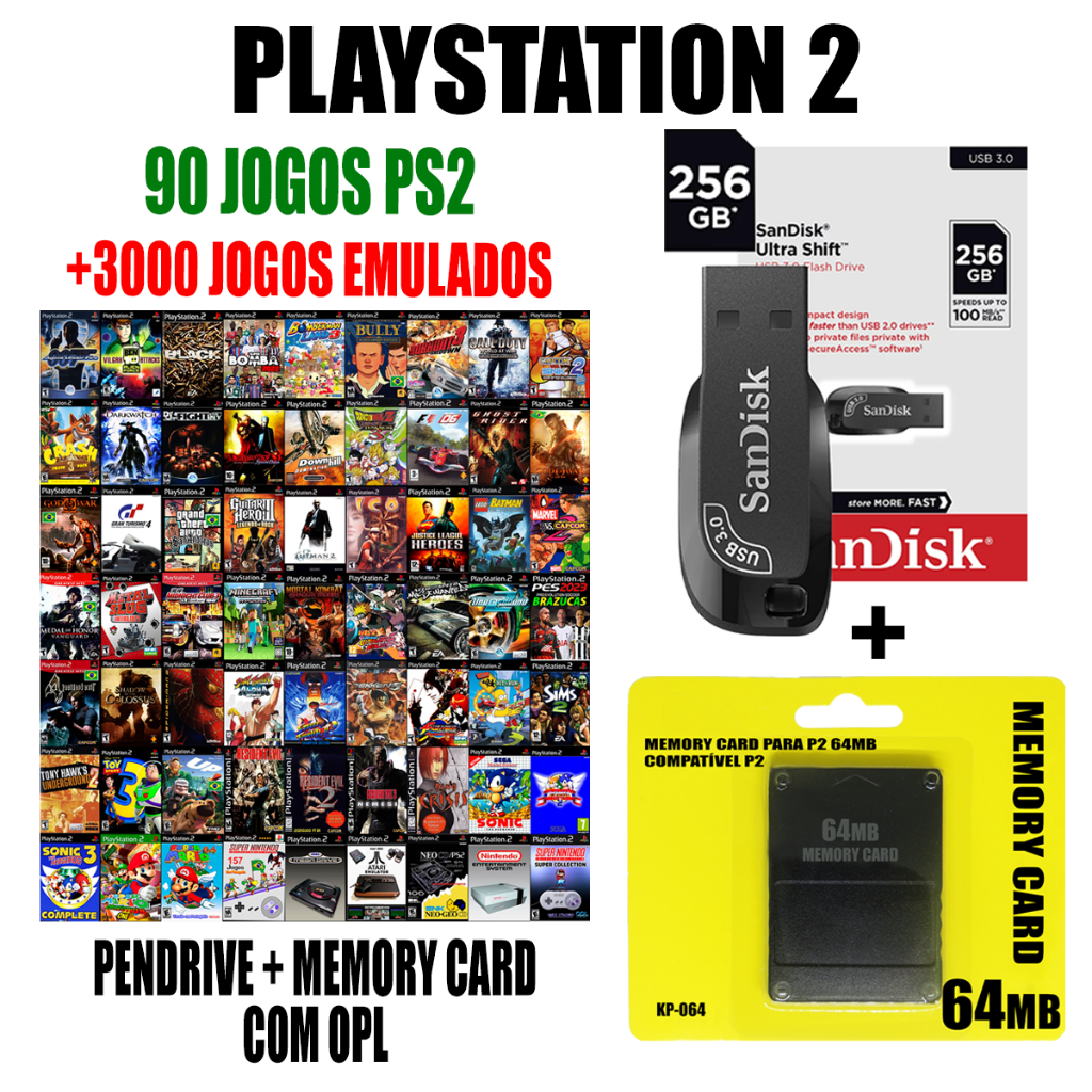 Memory Card 64Mb Com OPL + Pendrive 256Gb