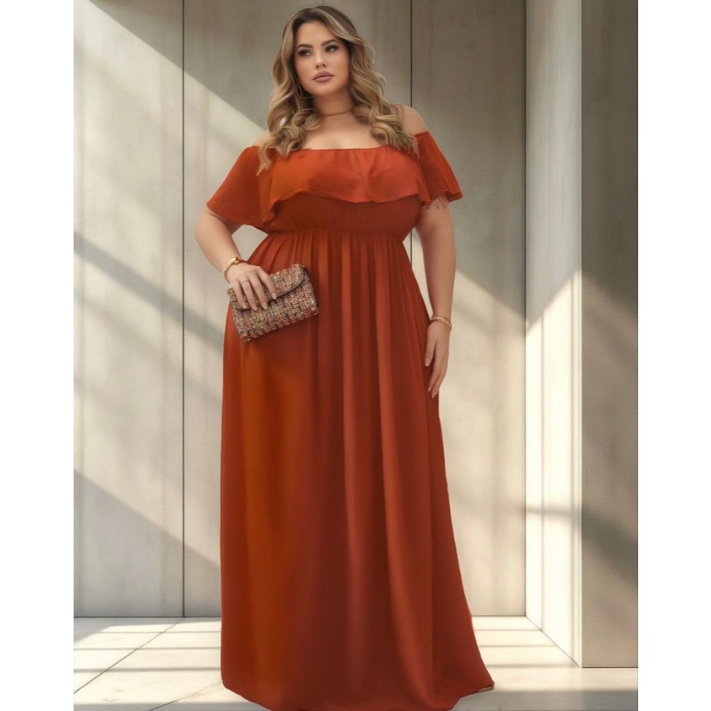 Vestido Longo Plus Size Ombro a Ombro Ajustável Terracota Madrinha Casamento Festa Elegante Soltinho