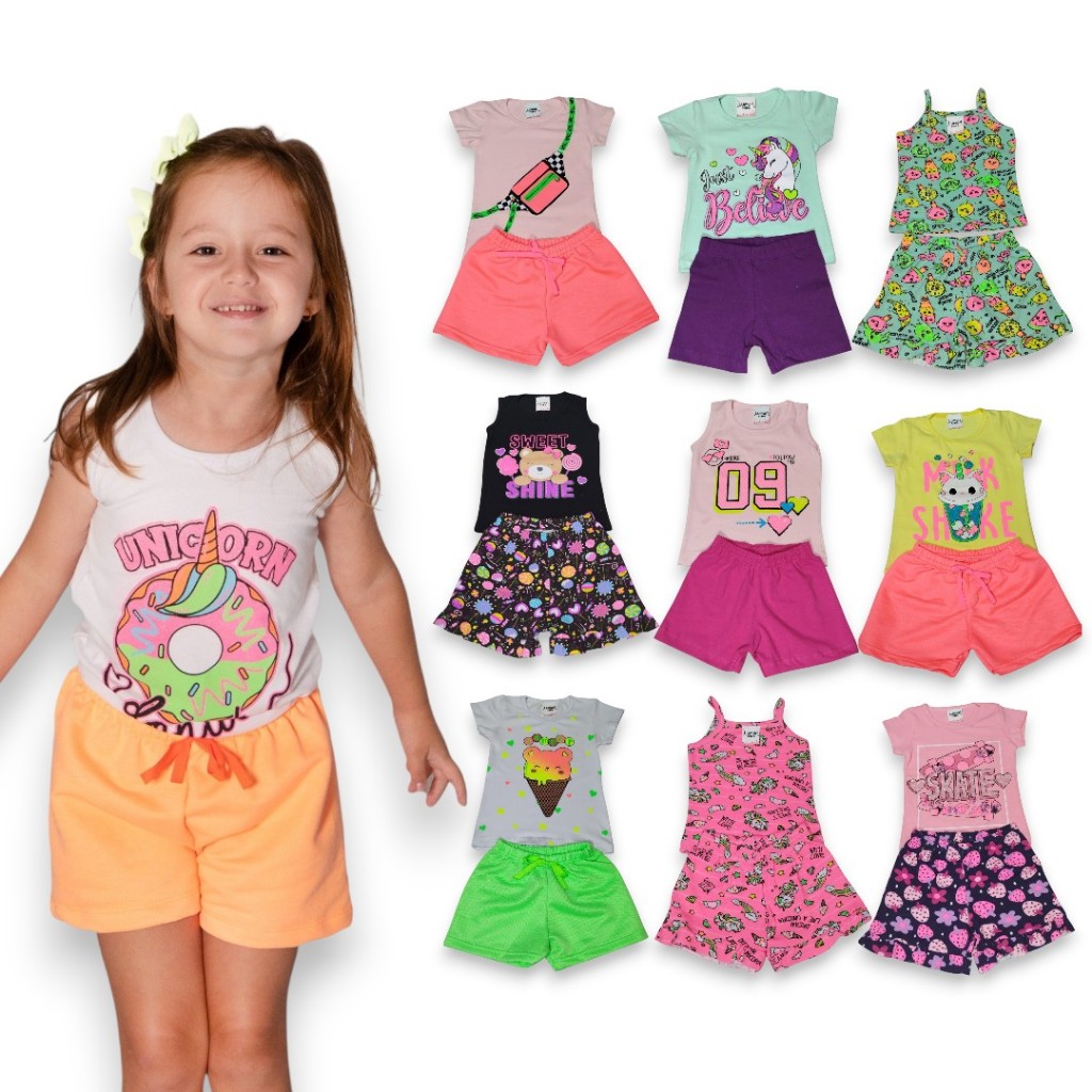 Kit 4 Conjuntos Infantil Menina Camiseta e Short Estampa Sortida Conforto e Estilo