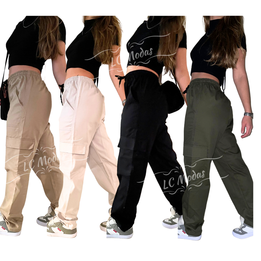 Calça Cargo Feminina Masculina Sarja Preta Bege Caqui Azul Branco Jeans Skate Costura Reforçada Dupla